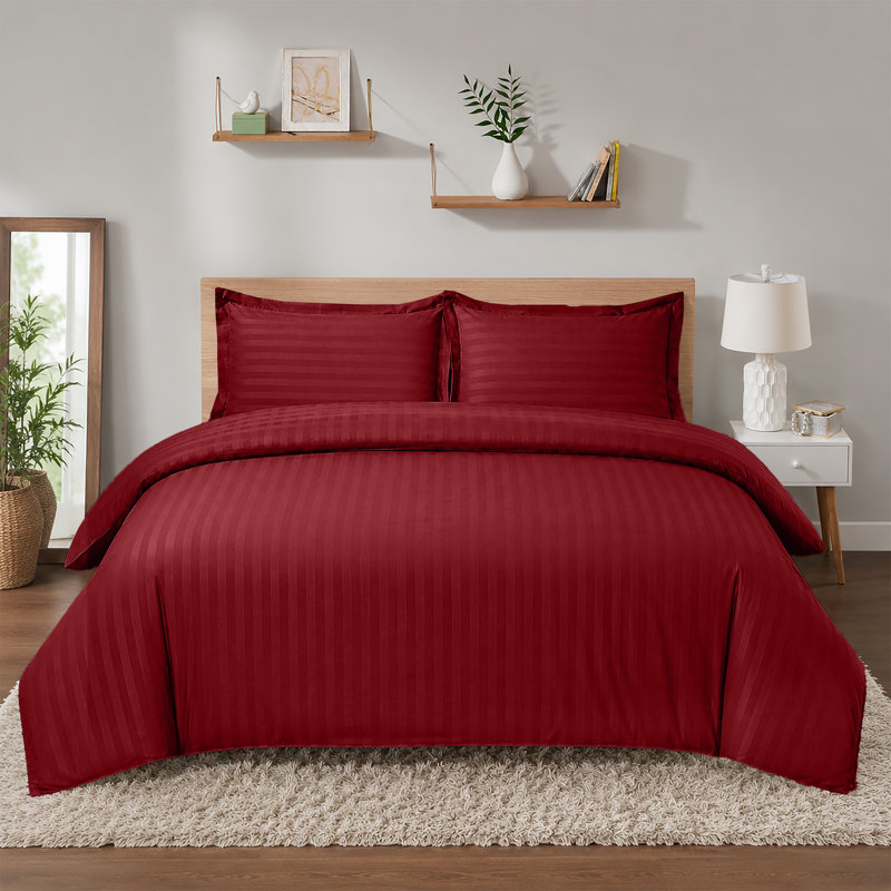 Imperial Homeware London Microfiber Striped Duvet Cover Set with Pillowcases Included, Burgundy
