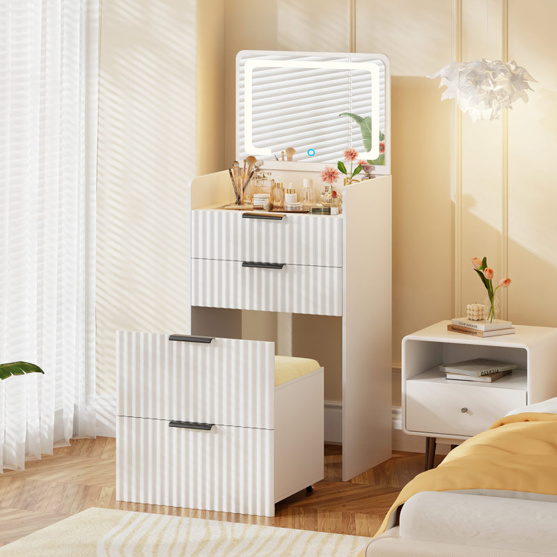 Compact Vanity Desk With Flip-up Led Mirror, Glass Drawer, And Hidden Stool  Storage White