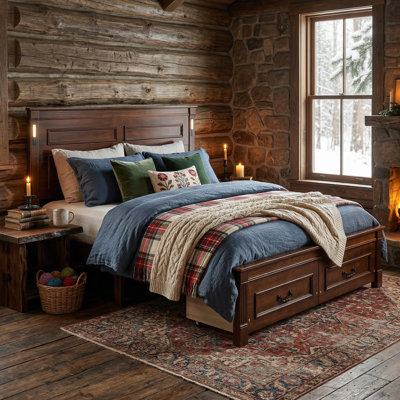 Queen Size Bed with Tall-Panel Headboard & Footboard, 2 Storage Drawers, Built-in LED Lights, USB Charging Station, Pinewood Bed with Strengthened Bed Frame,Walnut