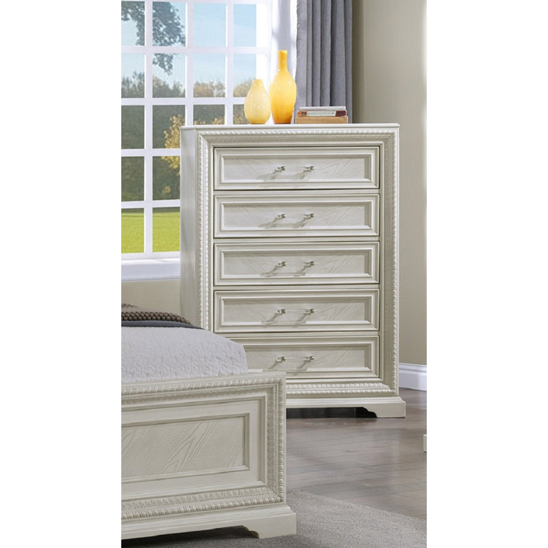 Magnifique meuble de chambre de style transitionnel à 5 tiroirs avec commode 5 tiroirs blanc