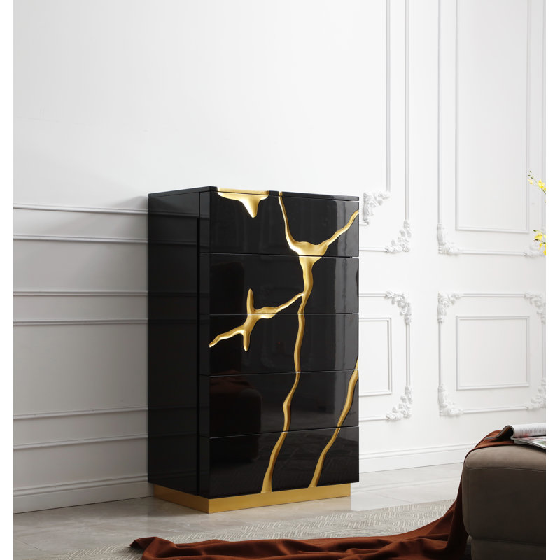 Commode 5 tiroirs Velva, Or/noir