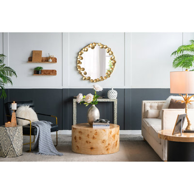 Miroir mural 35,2 x 35,2 po en métal avec accent de feuille d'or, pièce de salon moderne, fer et pièce ronde de 35 po, entrée, ornement de couloir, et