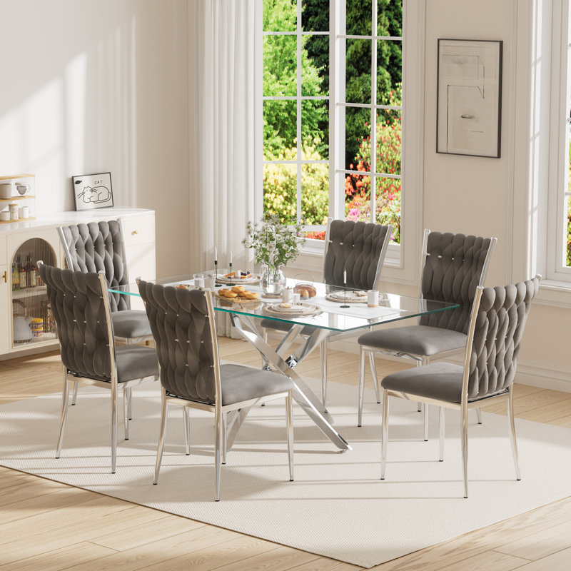 63" Rectangular Tempered Glass Table set, 7, Gray/Silver