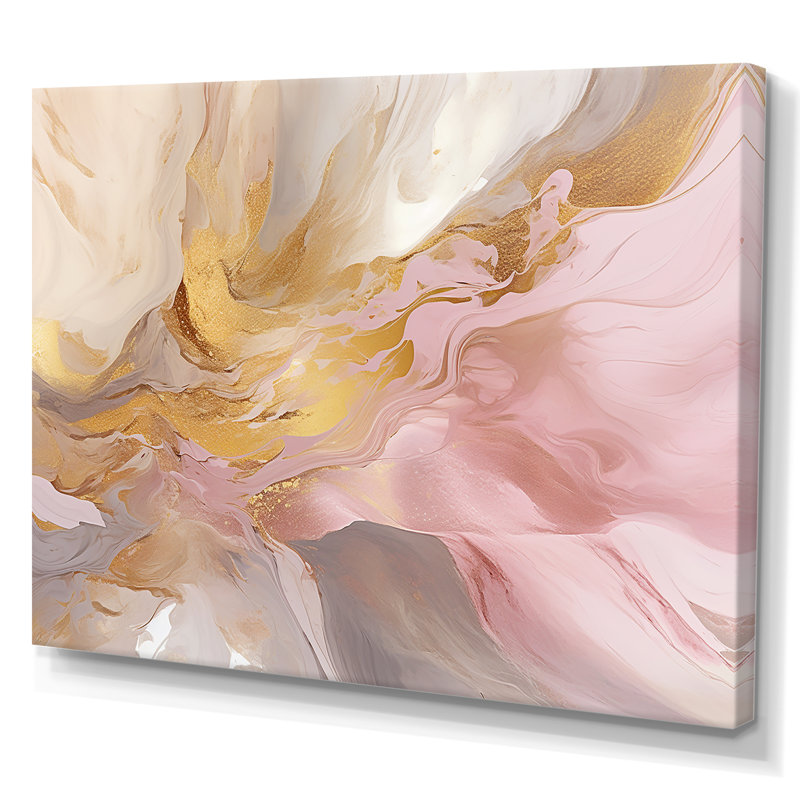 Exquis symphonie abstraite rose et pastel doré - peinture abstraite sur toile, art mural, H 34 po x l 44 po x P 1,5 po