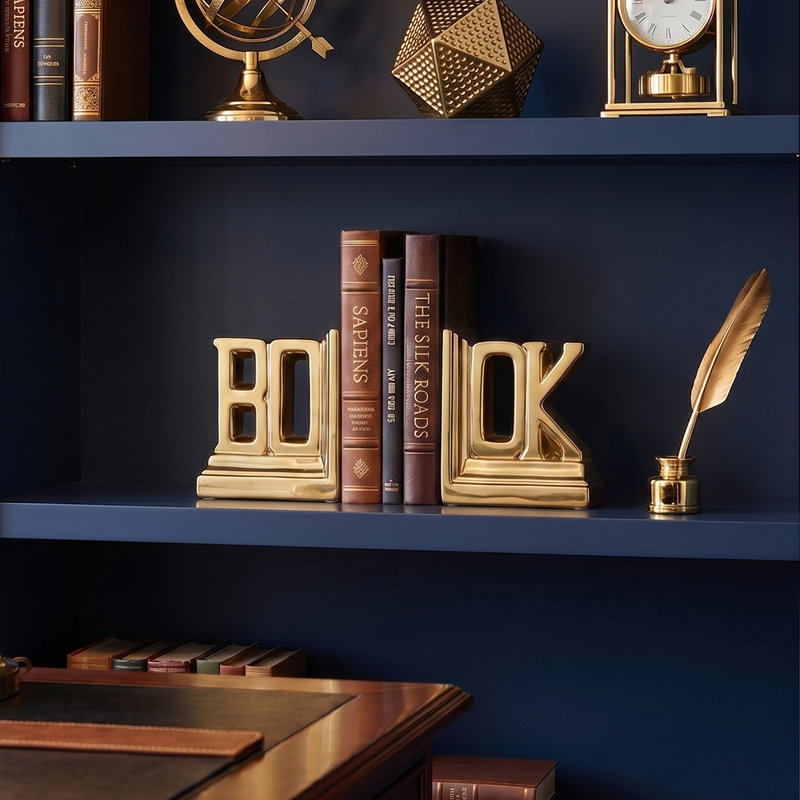 Ensemble de 2 serre-livres dorés en céramique dorée, base antidérapante, finition dorée miroir, bibliothèque pour la maison, bureau et tablette
