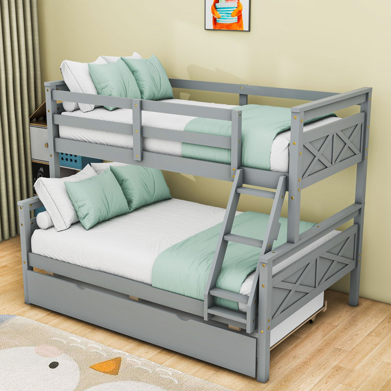 Lit superposé simple au-dessus d'un lit double avec lit gigogne, gris
