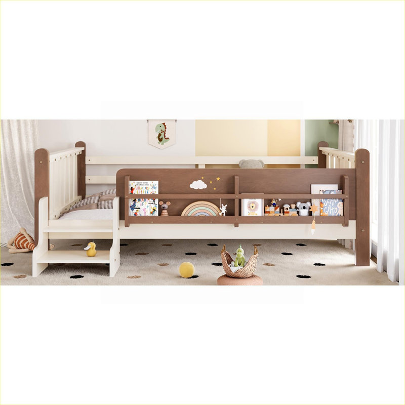 Lit plateforme pour enfants pleine grandeur, conception de bibliothèque de rangement intégrée, fabrication en pin et en panneau de fibres à densité moyenne, beige chaud, aucun sommier tapissier requis