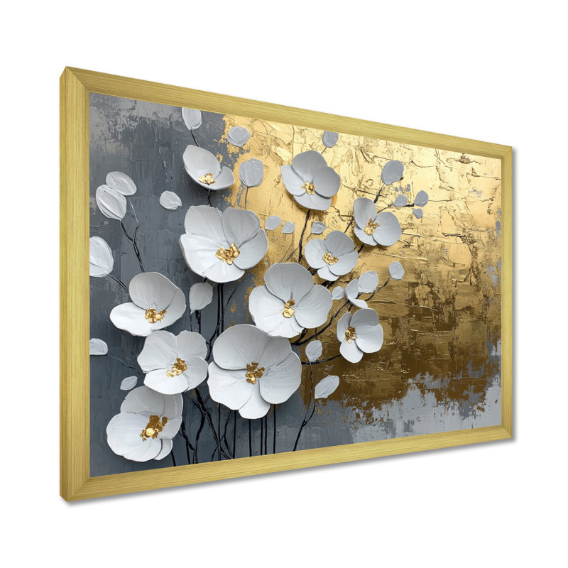Fleurs blanches et dorées, forme pure de marbre III - coquelicot, art mural, H 30 po x l 40 po, Cadre flottant, Doré