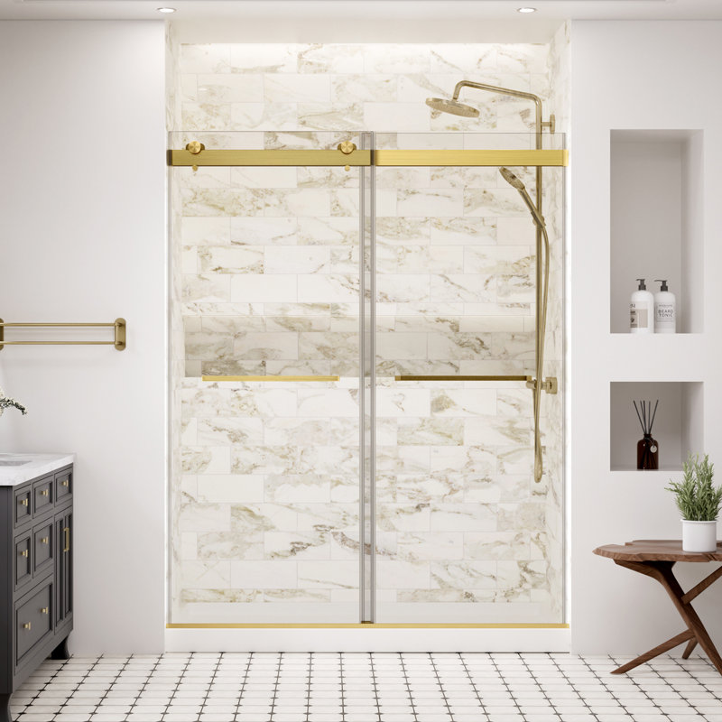 60" W X 74" H Double Sliding Frameless Shower Door With 5/16" Tempered Clear Glass And Soft Close System, Brushed Gold