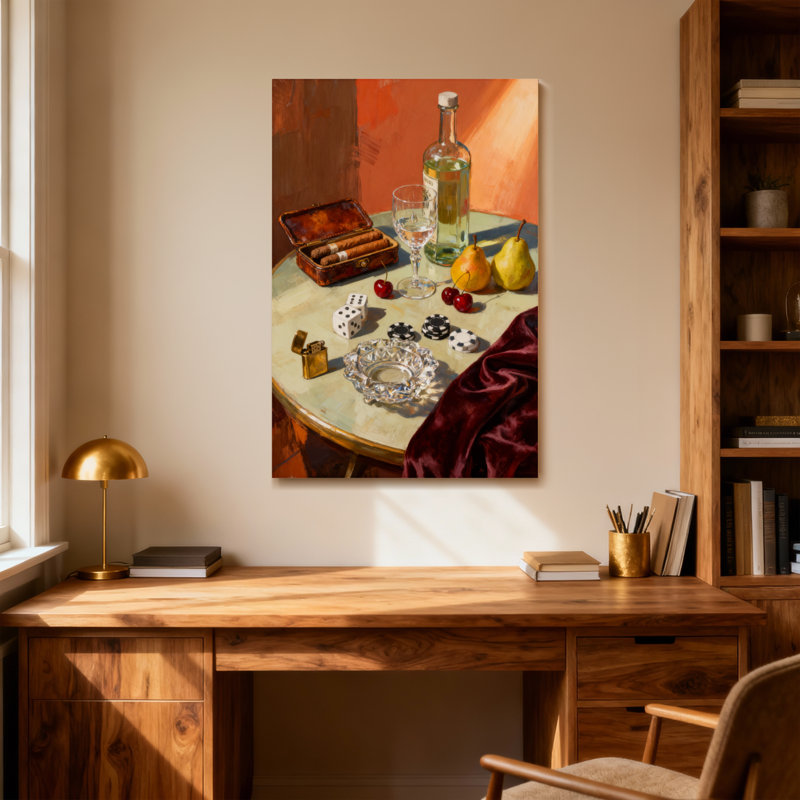 Mode nature morte avec des dés de cigares et des fruits, H 24 po x l 16 po