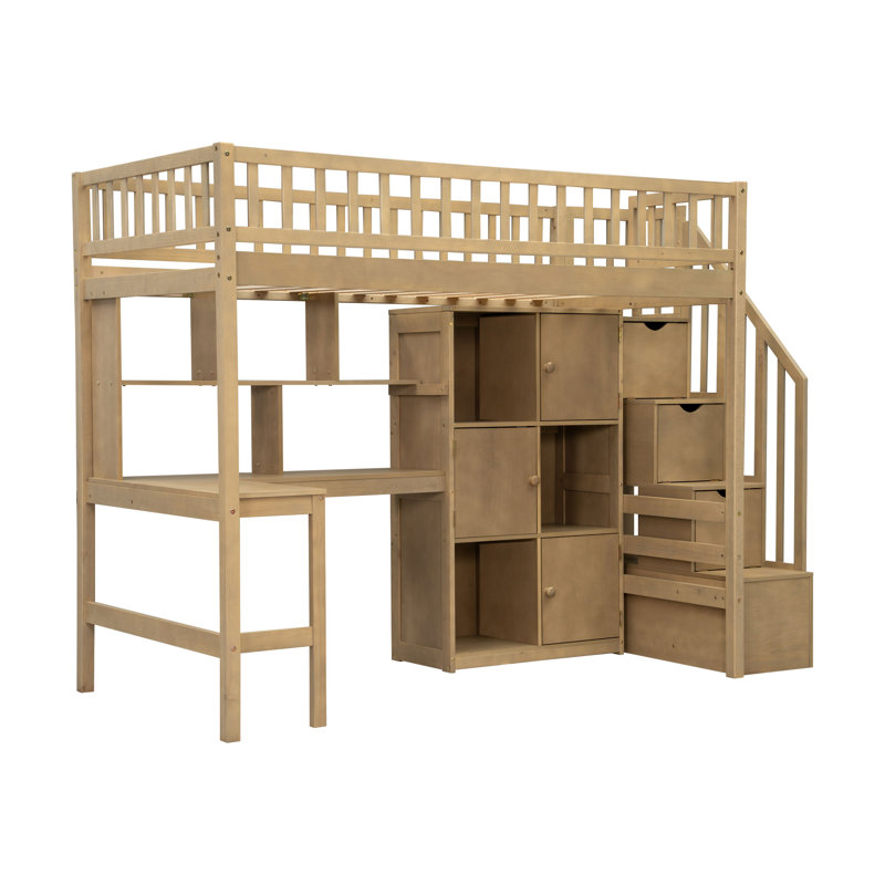  Lit mezzanine simple en bois avec bureau intégré, armoires de rangement et lumière DEL, noyer, Brun