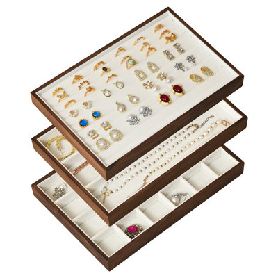 Ensemble de 3 plateaux de rangement pour bijoux en bois de noyer noir, présentoir empilable pour boucles d'oreilles, bracelets et bagues.