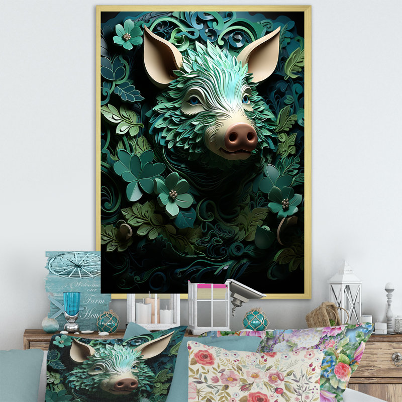Emerald Flower Hog sur toile, Encadrement doré, H 40 po x l 30 po x P 1,5 po