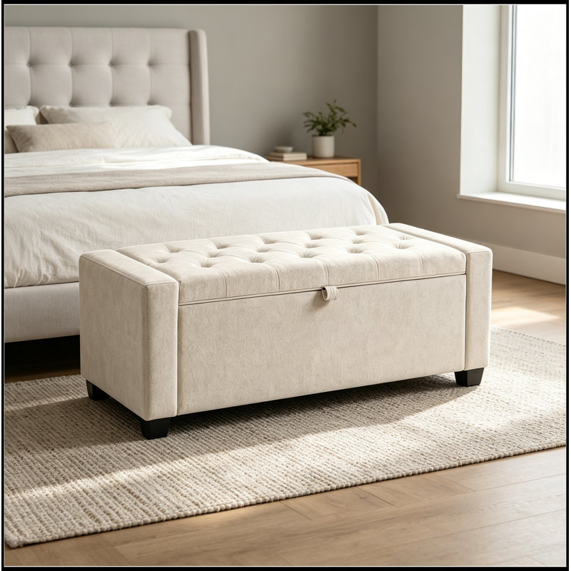 Banc rembourré avec rangement rabattable et siège capitonné, Beige