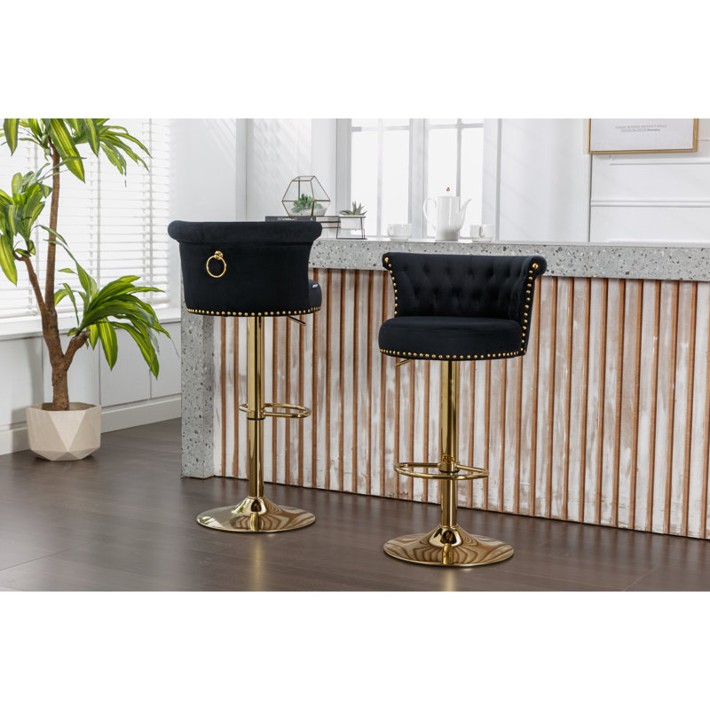 Chaise de bar en velours doux avec rotation à 360 °, hauteur réglable et coutures en losanges pour la cuisine Rivets dorés confortables, îlot de coussin en mousse haute densité Rotation
