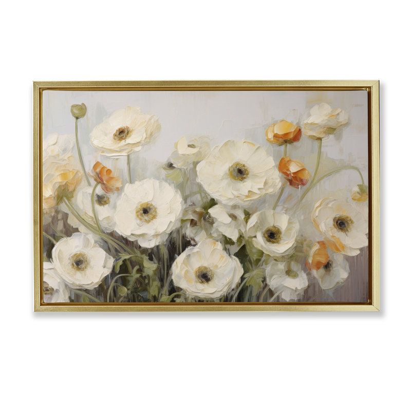 «White Ranunculus Blooms», toile flottante encadrée par Petals Prints Design, Cadre flottant métallique doré