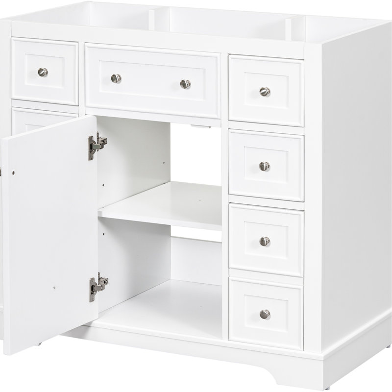 Base de meuble-lavabo de 36 po en blanc. 1 armoire et 6 tiroirs. Style moderne. Bois massif et surface peinte. Autoportant. Assemblage requis sans évier. Blanc avec panneaux d'eau. Tiroirs amovibles.