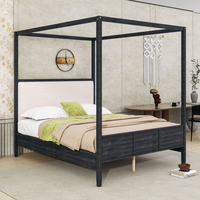 Canopy Bed with Upholstered Headboard, Black, Queen