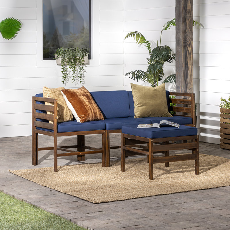 Ensemble de conversation de terrasse avec coussins 4 pièces, Structure brun foncé / coussin bleu marine