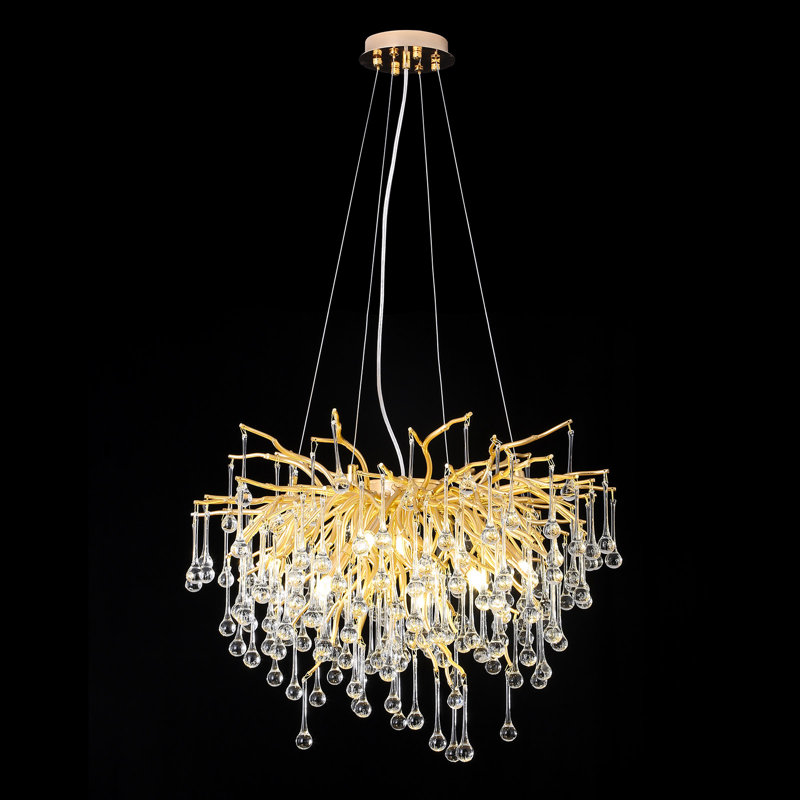 Led Branch Copper Crystal Chandelier For Villa Hotel Living Rooms, Gold