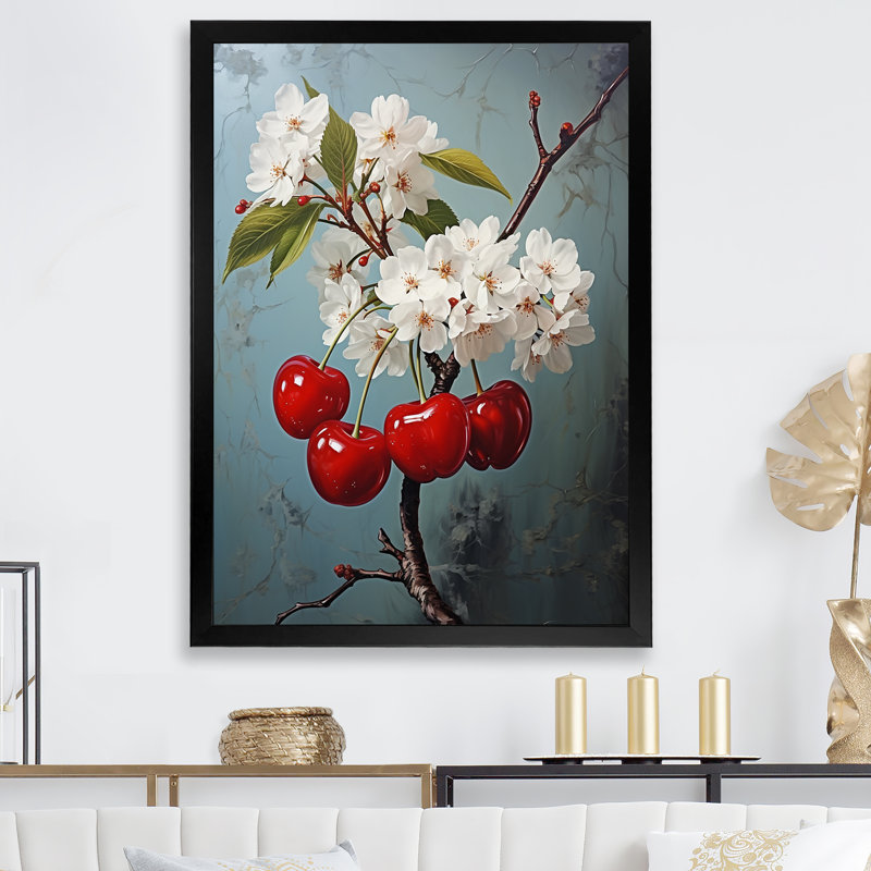 «Chuckling Cherry Charm II - Fruit», art mural salon_105730, H 40 po x l 30 po x P 1,5 po, Cadre simple noir