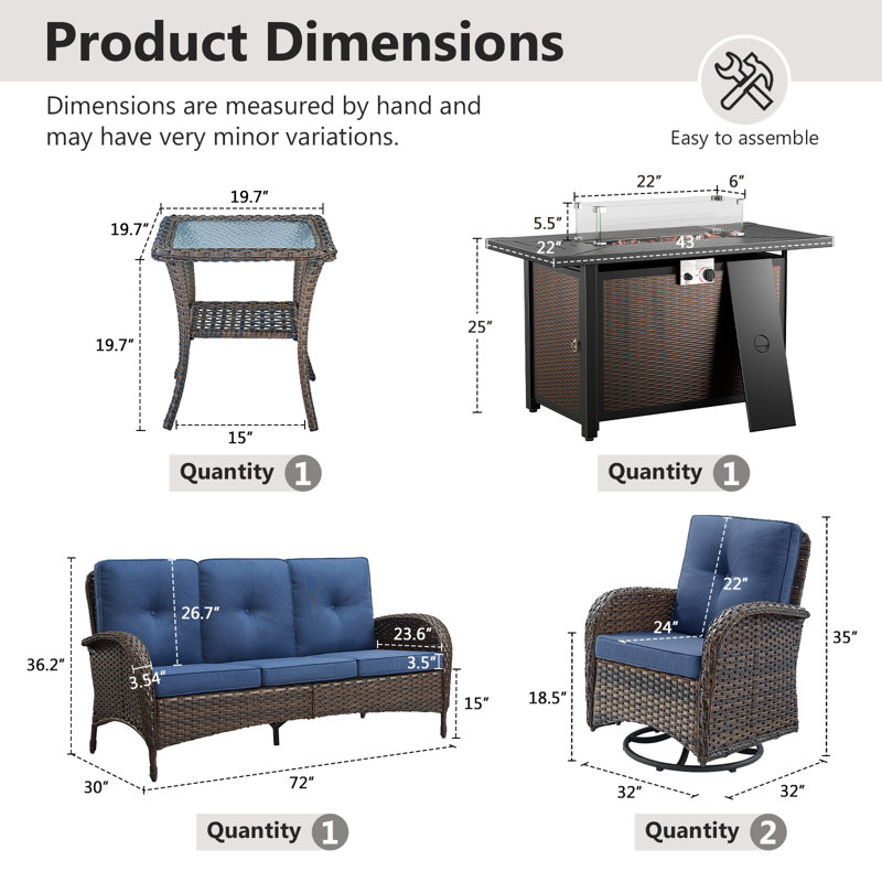 Aluel 5-Pieces Outdoor Wicker Patio Conversation Furniture Set with Rocking & Swivel Chairs and Rectangular Fire Pit Table with Windshield