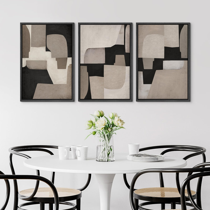 "Bloc géométrique abstrait Mid Century Modern Shapes Illustration Art Decor Chic Living Room" 3 pièces, Noir