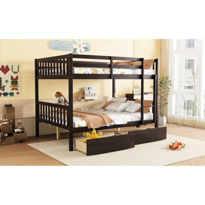 Full Size Bunk Bed With 2 Drawers, Nuance, Built From Stable Rubber Wood And Combined Elements Over Shade, Created Robust Fitted Guards