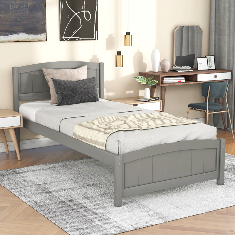 Lit plateforme en bois avec tête de lit, pied de lit et lattes en bois, Gris