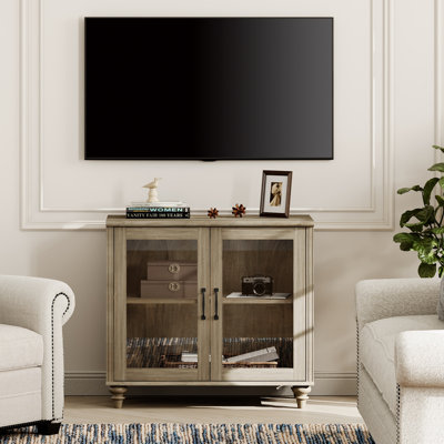 Corretta Farmhouse TV Stand For 75 Inch TV With 4 Glass Doors, Wood Universal TV Stand With 4 Storage Cabinets, Entertainment Center TV Console Table For Living Room, Bedroom, Wash Grey