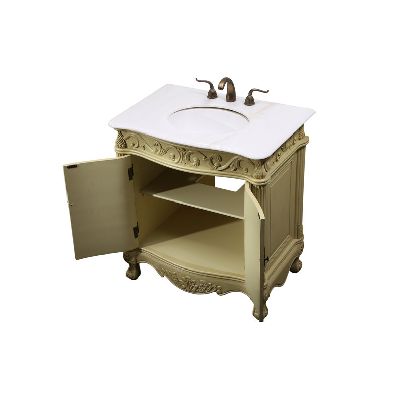 32'' Single Bathroom Vanity with Marble Top, Antique Ivory, Guangxi White