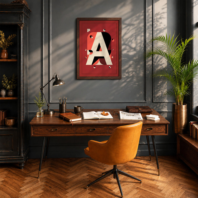 Letter A Deconstructed Geometric - Framed Print, A2 - 59.4 x 42.0 cm, Walnut