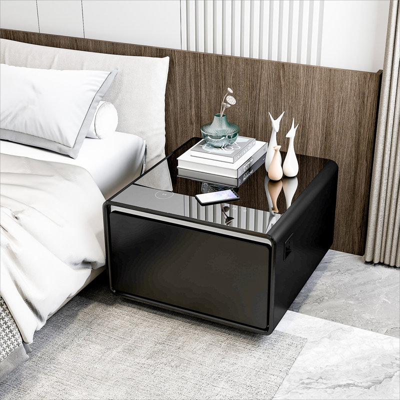Modern Smart Side Table With Built-In Fridge, Wireless Charging, Temperature Control, Black