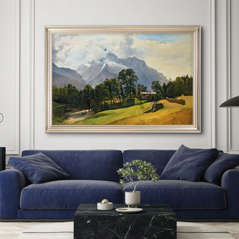 «Mountains in Berchtesgaden» par Fred Gauermann, 28 po x 40 po, Toile avec cadre, Étain satiné