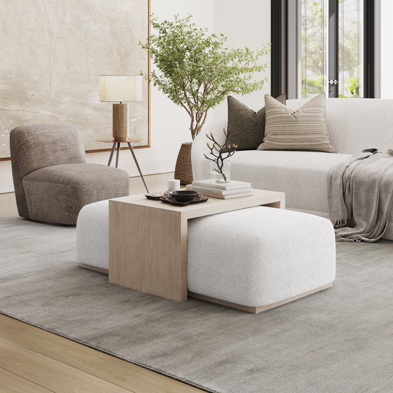 Babs 48" Luxury Ivory Boucle Upholstered Sliding Ottoman with Wheels and Table Top, Gray Wash