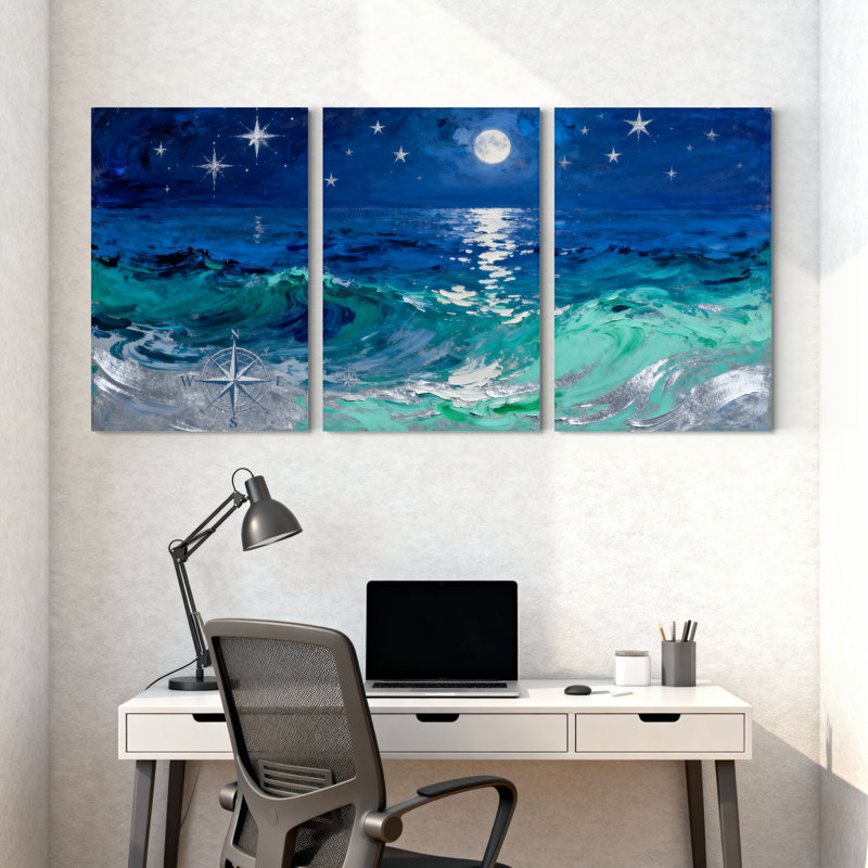 Nautique et plage, nuit étoilée, vagues de l'océan, clair de lune, boussole, ensemble de 3 impressions sur toile