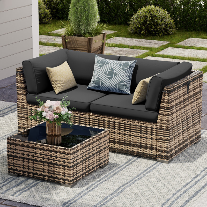 Outdoor Wicker Patio Loveseat Sofa With Cushions, All-Weather PE Rattan Outdoor Couch With Adjustable Feet, Anti-Slip Cushions & Modern Side Table For Porch, Backyard