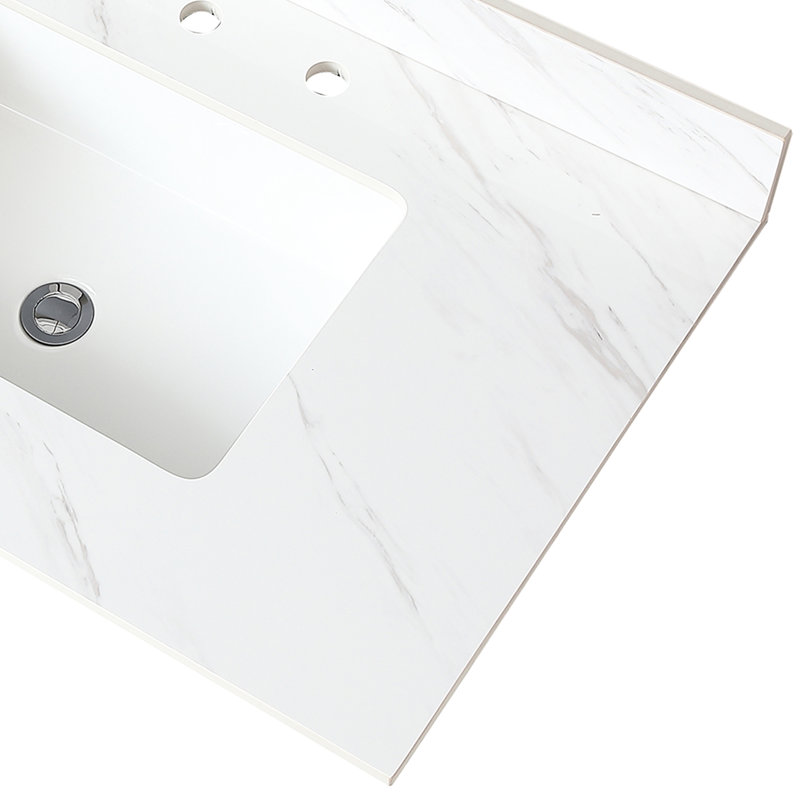 Meuble-lavabo en pierre frittée blanche de 37 po à 4 po, évier central rectangulaire, trous de robinet pré-percés et plateau indispensable avec accessoire pratique
