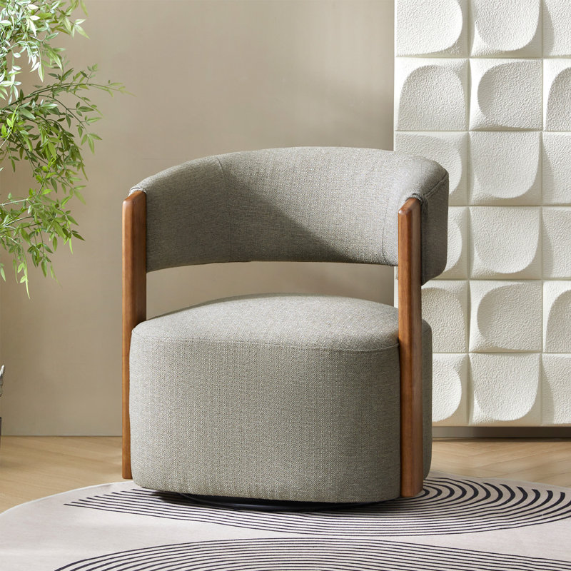 Alke 29.5"W Upholstered Swivel Barrel Chair with Solid Wood Armrests, Gray Polyester Blend