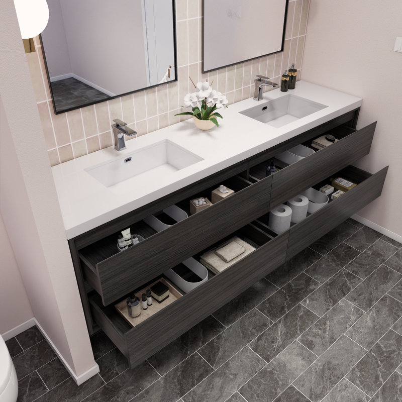 Azden 84" Wall-Mounted Double Bathroom Vanity Set, Gray Oak