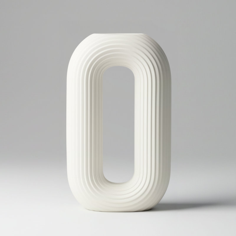 Halo 13" Ribbed Rounded Rectangle Ceramic White Vase, White