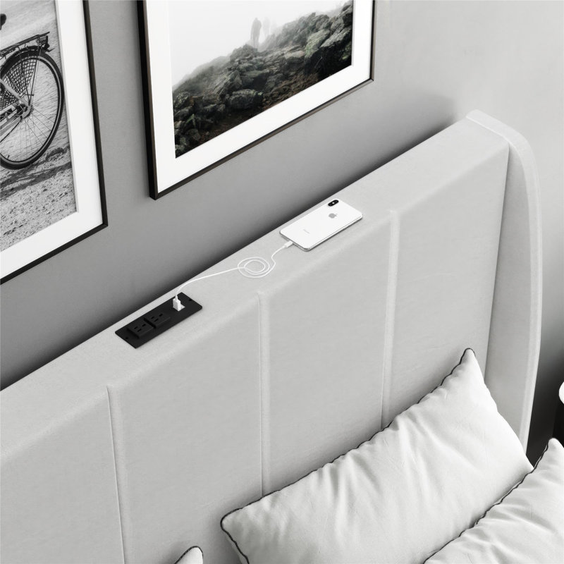 Santresa Upholstered Wingback Bed Frame with USB, Queen, Light Gray