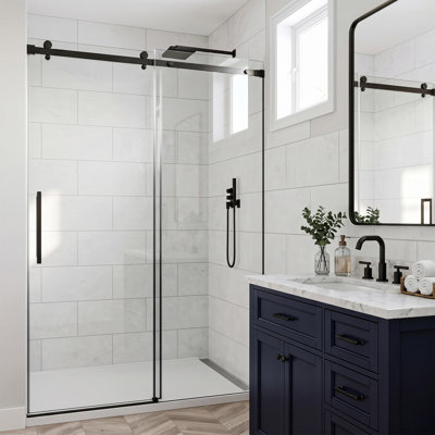 Porte de douche coulissante simple sans cadre, verre trempé de 10 mm (3/8 po) avec pellicule anti-éclats, roulettes silencieuses en acier inoxydable