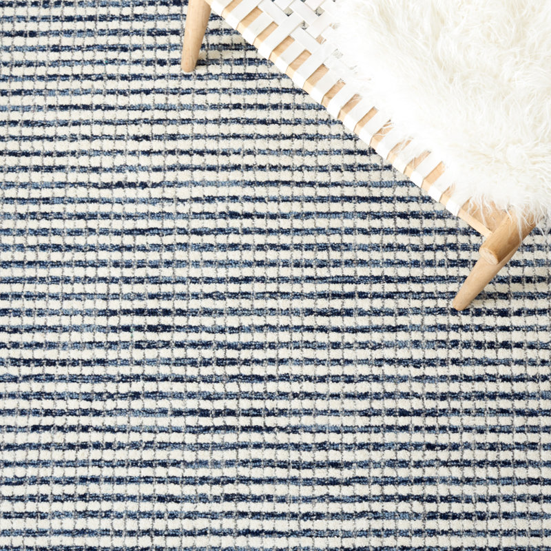 Handmade Blue and Ivory Wool Striped 3' x 5' Rug