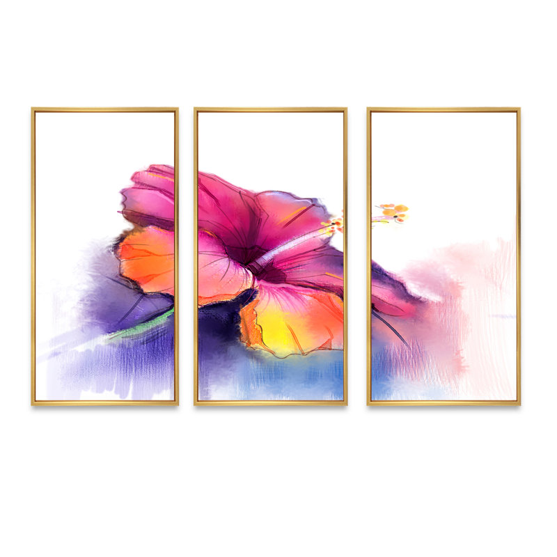 Fleur d'hibiscus rouge et jaune en bleu - ensemble de 3 toiles encadrées florales, H 20 po x l 36 po x P 1 po