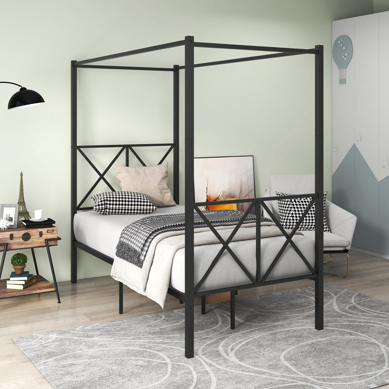 Elanny Metal Canopy Bed Frame, Platform Bed Frame with X Shaped Frame, Twin