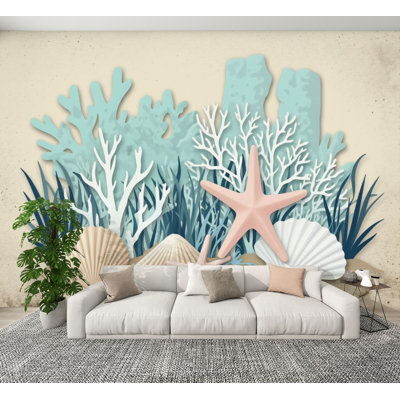 Coastal Peel and Stick Wallpaper Starfish Seashells Coral Reef Style Soft Pastel Coastal Design Wall Murals 100"H x 144"W Removable PVC Wall Paper Self-Adhesive Wall Decor for Bedroom Living Room Home Office