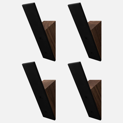 Walnut Wood Coat Hooks, High End Walnut Wood & Black Metal Wall Mounted Coat Hooks, Mid-Century Modern Clothes Hooks, Heavy Duty Wooden Hooks For Hanging Coats, Hats, Towels & More, Set Of 4