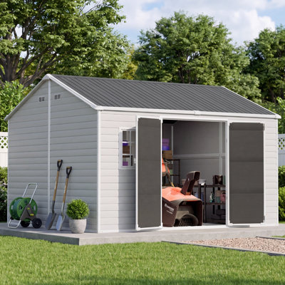 Kirklin 12X10 FT Resin Outdoor Storage Shed With Double Doors, Plastic Tool Garden Shed With Windows, Outside Large Storage Shed, Waterproof & UV-Resistant