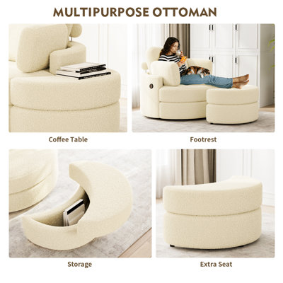 Fauteuil d'appoint pivotant, fauteuil pivotant avec repose-pieds, fauteuil demi-tonneau surdimensionné avec port de charge USB, méridienne ronde d'intérieur avec 4 coussins, fauteuil de lecture pour le salon (tissu en peluche, gris)